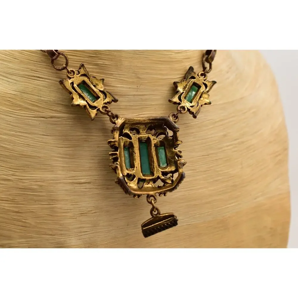 Vintage Collar Necklace Green Cabochon Antiqued Brass Gold Chunky Heavy BinA17